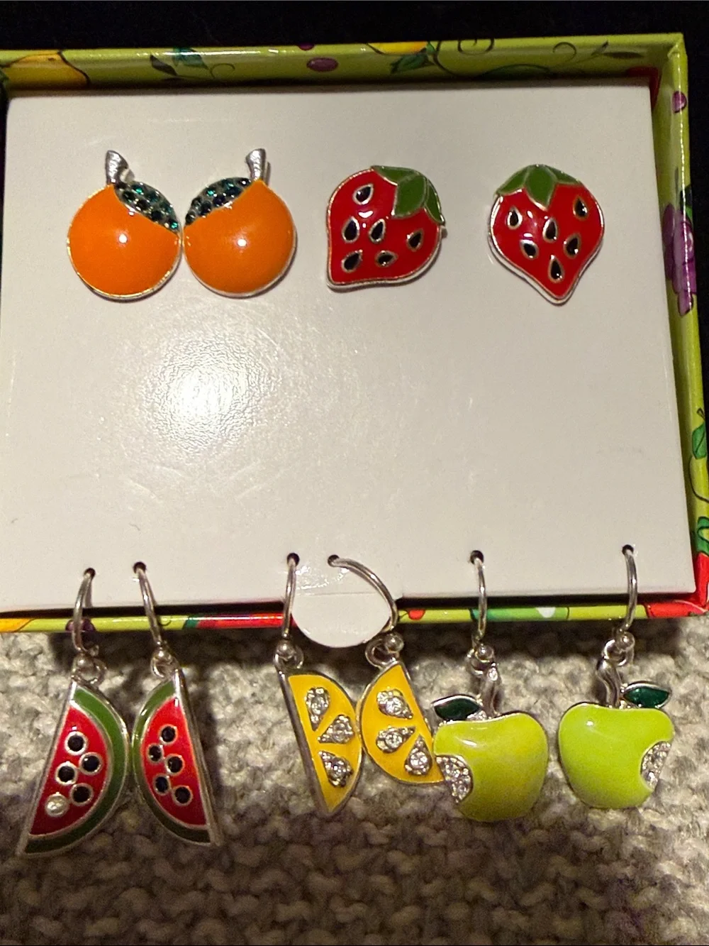 Fruit Stud & Dangle Earring Set - Orange, Red, Yellow, Green